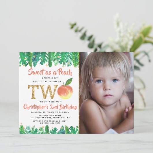 Zoete peach boys 2e verjaardag foto kaart (Staand voorkant)