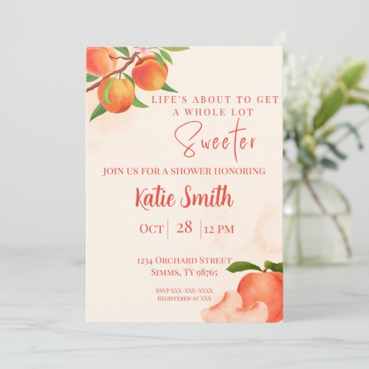 Zoete perzik babyshower uitnodiging – Speelse perz (Staand voorkant)
