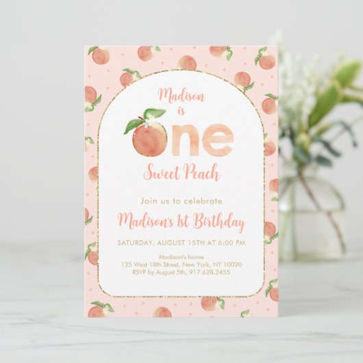 Zoete perzik eerste verjaardag kaart (Staand voorkant)