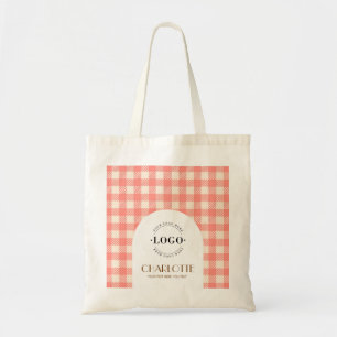 Zoete perzik roze Gingham preppy Logo Zakelijk Tote Bag