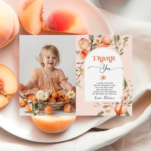 Zoete perzik verjaardagsfeestfoto dank u kaart