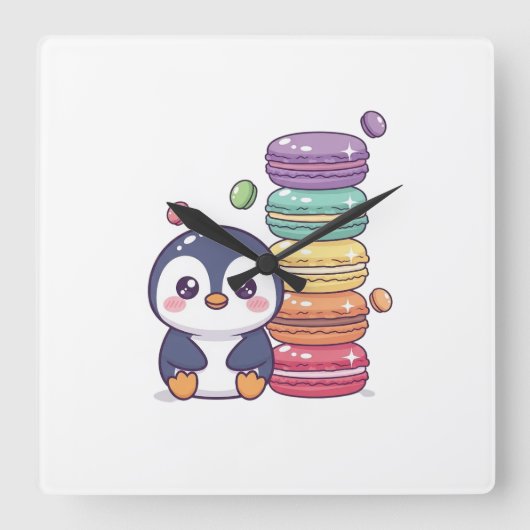 Zoete Pinguïn Macaron Stapeling Vierkante Klok (Voorkant)