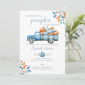 Zoete Pompoen Blauwe Baby Shower Foto QR Code Kaart (Staand voorkant)