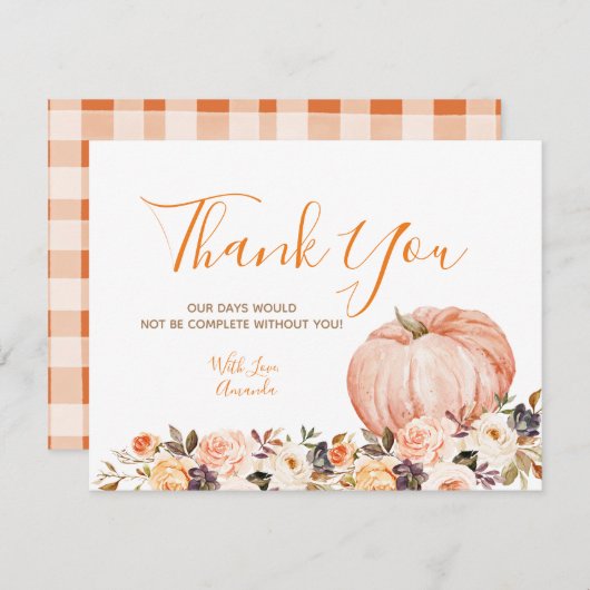 Zoete pompoen rustieke bloemen 1e verjaardag bedankkaart (Voorkant / Achterkant)