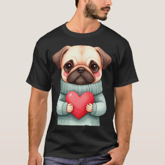 Zoete Pug Puppy Trui met Rode Hart Liefde T-shirt