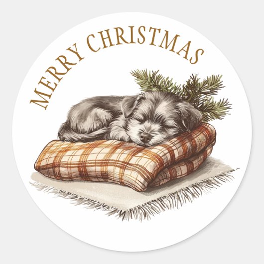 Zoete Puppy Hond Slapen op Warme Deken Kerstmis Ronde Sticker (Voorkant)