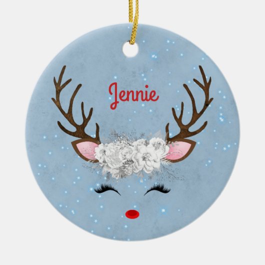 Zoete rendieren Eyelashes en Antlers met bloemen Keramisch Ornament (Voorkant)