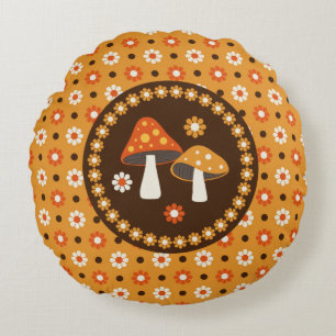 Zoete Retro Paddenstoelen en Bloemen Rond Kussen
