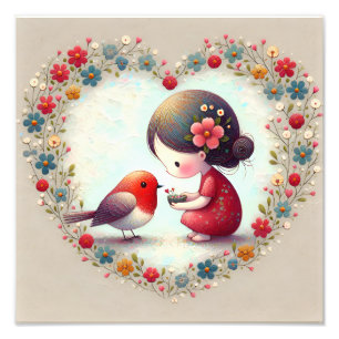 Zoete Robin en Kleine Meisje Bloemhart Foto Afdruk