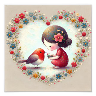 Zoete Robin en Kleine Meisje Bloemhart Foto Afdruk