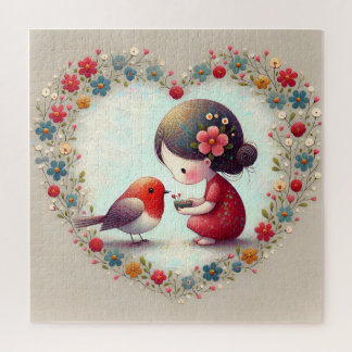 Zoete Robin en Kleine Meisjes Bloemhart Legpuzzel
