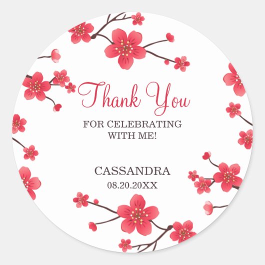 Zoete rode kersenbloesem Sakura Floral Verjaardag Ronde Sticker (Voorkant)