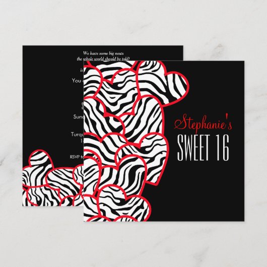 Zoete rode zebra harten Sweet 16 Feestuitnodiging Kaart (Voorkant / Achterkant)