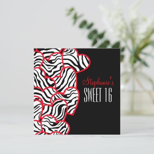 Zoete rode zebra harten Sweet 16 Feestuitnodiging Kaart (Staand voorkant)