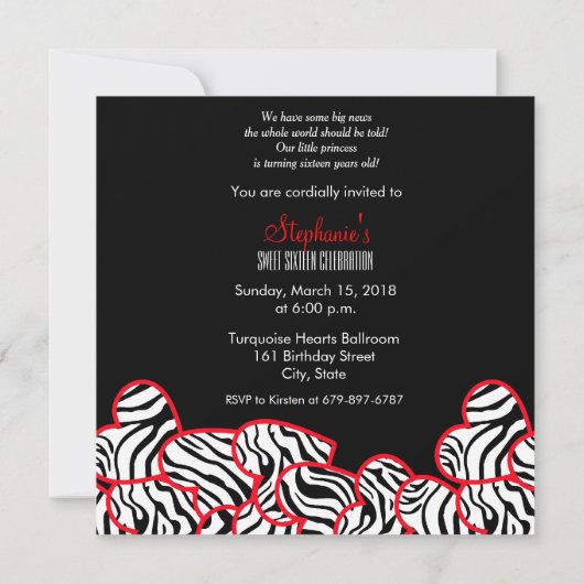 Zoete rode zebra harten Sweet 16 Feestuitnodiging Kaart (Achterkant)