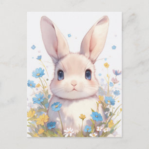 Zoete Room Konijn in Blauwe Wilde Bloemenweide Briefkaart