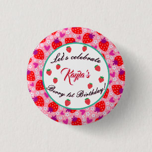 Zoete Roze Aardbei Eerste Verjaardag Girl Party Ronde Button 3,2 Cm