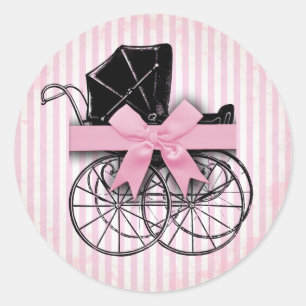 Zoete Roze  Baby Carriage Pram and Bow Ronde Sticker