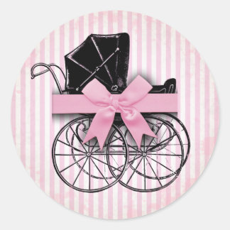 Zoete Roze  Baby Carriage Pram and Bow Ronde Sticker