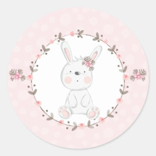 Zoete Roze Baby Konijn Bloemen Ronde Sticker