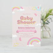Zoete Roze Baby Shower Uitnodiging met Regenbogen  (Staand voorkant)