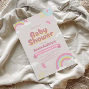 Zoete Roze Baby Shower Uitnodiging met Regenbogen 