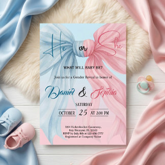 Zoete Roze Blauwe Strik Geslacht Reveal Uitnodigin Kaart