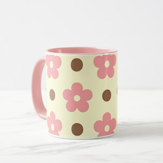 Zoete Roze Bloem en Bruine Stip Retro Mok (Voorkant links)