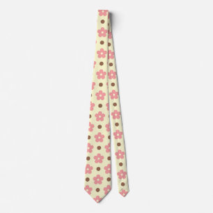 Zoete Roze Bloem en Bruine Stip Retro Stropdas