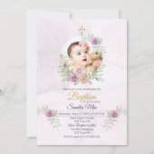 Zoete Roze Bloemen met Foto Baptisme Uitnodiging (Voorkant)