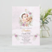 Zoete Roze Bloemen met Foto Baptisme Uitnodiging (Staand voorkant)