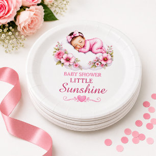 Zoete Roze Bloemwolk Kleine Zonneschijn Feest Papieren Bordje