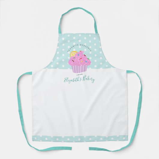 Zoete roze cupcake bakkerij dessert turquoise op m schort (Voorkant)