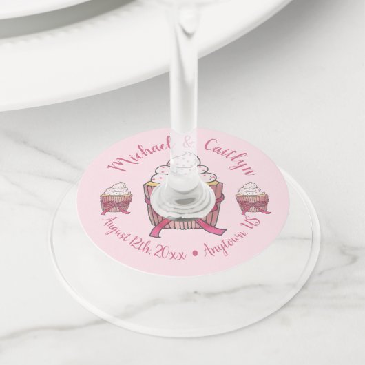 Zoete Roze Cupcake Bruids Baby Shower Feest Wijnglaslabel (Dichtbij)