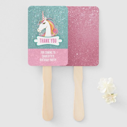 Zoete Roze en Blauwe Eenhoorn Verjaardagsfeest Handwaaier (Voorkant en achterkant)