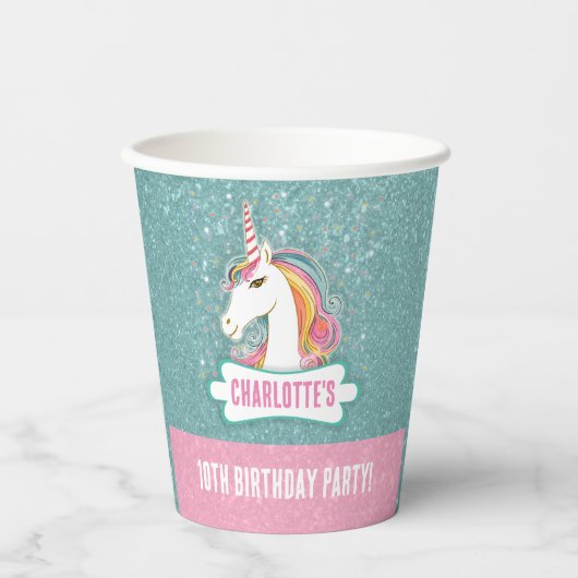Zoete Roze en Blauwe Eenhoorn Verjaardagsfeest Papieren Bekers (Voorkant)