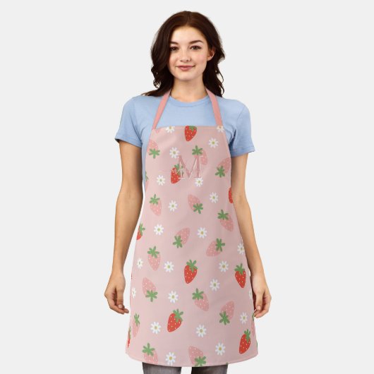 Zoete Roze en Rode Aardbeien Monogram Schort (Gedragen)