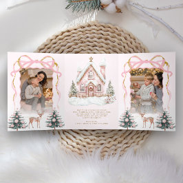 Zoete Roze Flirtende Strik Kerst Wonderland Foto Drieluik Wenskaart