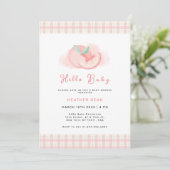 Zoete Roze Gingham Perzik Baby Shower Kaart (Staand voorkant)