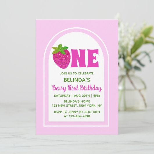 Zoete Roze Glitter Y2K Aardbei 1e Verjaardag Kaart (Staand voorkant)