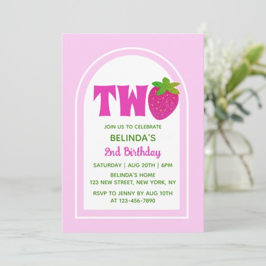 Zoete Roze Glitter Y2K Aardbei 2e Verjaardag Kaart (Staand voorkant)