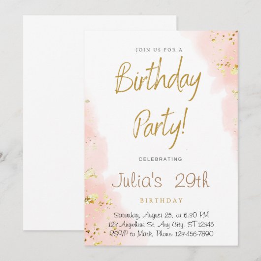 Zoete Roze Gouden Uitnodiging van de Verjaardagspa (Voorkant / Achterkant)