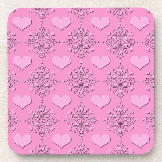 Zoete Roze Harten Damast Onderzetter (Voorkant)