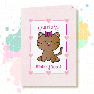 Zoete Roze Kat Cartoon Schattige Kittens Verjaarda Kaart