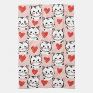Zoete Roze Kawaii Katten & Harten Patroon (8) Theedoek