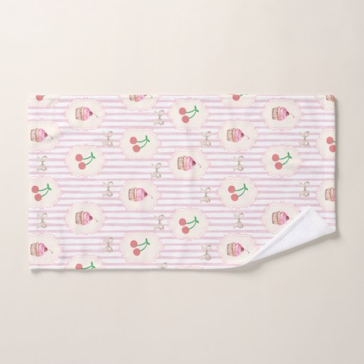 Zoete roze Kersen Cupcakes Gestreepte retro artwor Bad Handdoek (Handdoek)