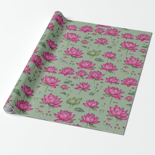 Zoete Roze Lotus Bloem Botanisch groen Cadeaupapier (Uitgerold)