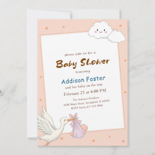 Zoete Roze Ooievaar Meisje Wolk Baby Shower Kaart