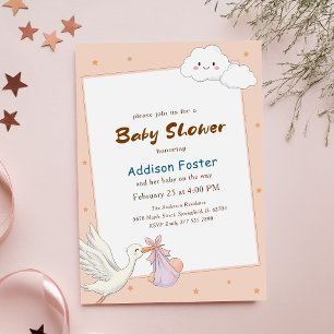 Zoete Roze Ooievaar Meisje Wolk Baby Shower Kaart