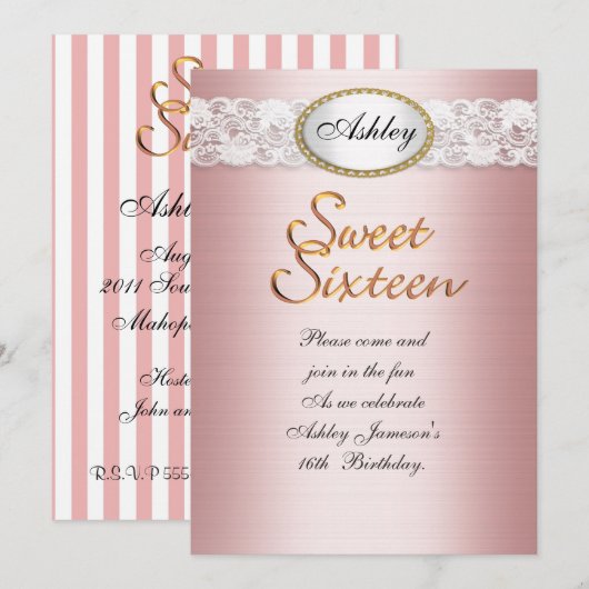 Zoete roze satijn van 16 uitnodiging (Voorkant / Achterkant)